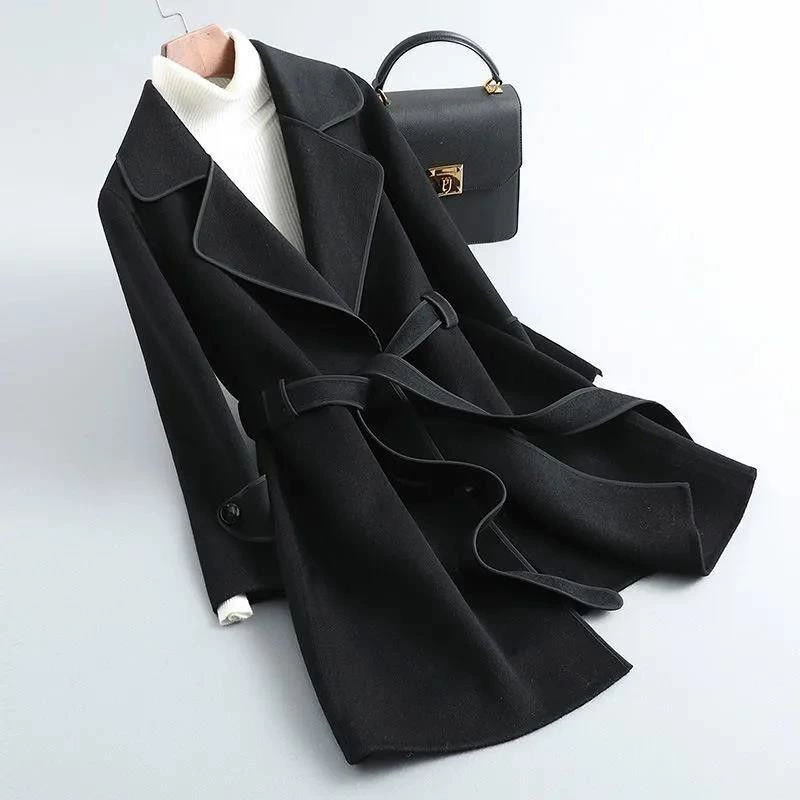 Double‑sided wool and cashmere coat, mid‑length Korean western style, sizes M–3XL, khaki/black/green/red