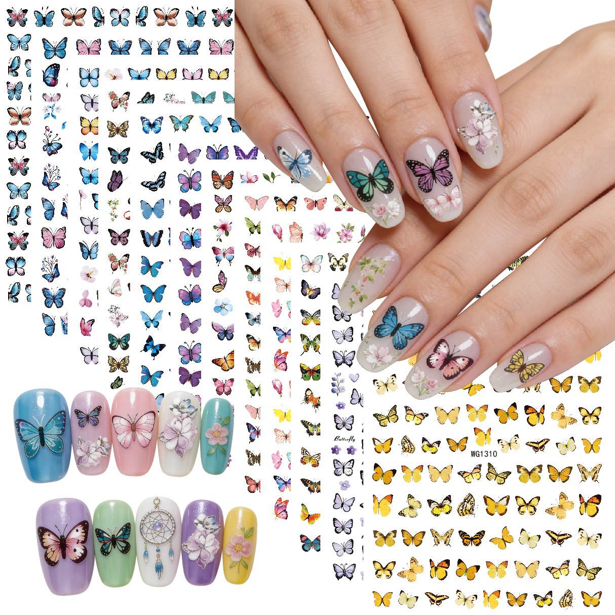Cross-Border New Colorful Butterfly Nail Stickers Hot-Selling Spring Flower Butterfly Nail Stickers Wg1300-1311