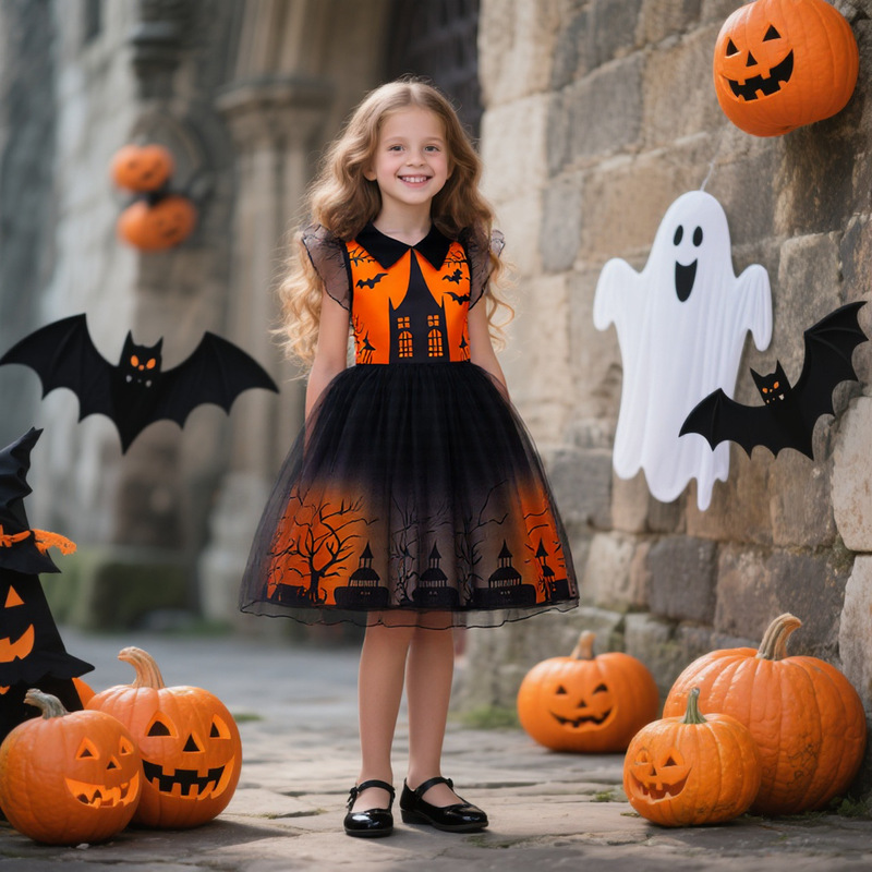 万圣cosplay网纱小飞袖Halloween dress儿童印花连衣裙派对公主裙|undefined