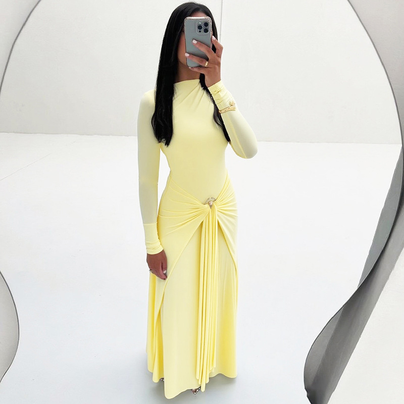 Comercio exterior Europa y América 2025 otoño nuevo estilo ropa de mujer temperamento de color sólido elegante decoración de manga larga con hebilla vestido de correa mujer image 7