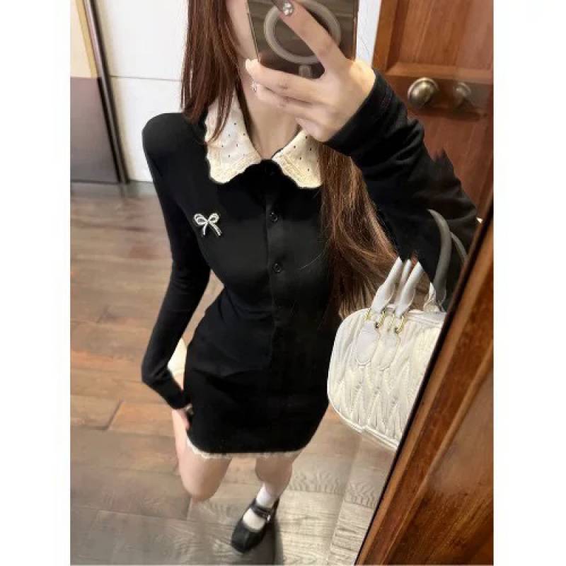 kumikumi フレンチスタイルスーツ長袖ラペル黒 Tシャツレディース春ハイウエストスカート 2 点セット|undefined
