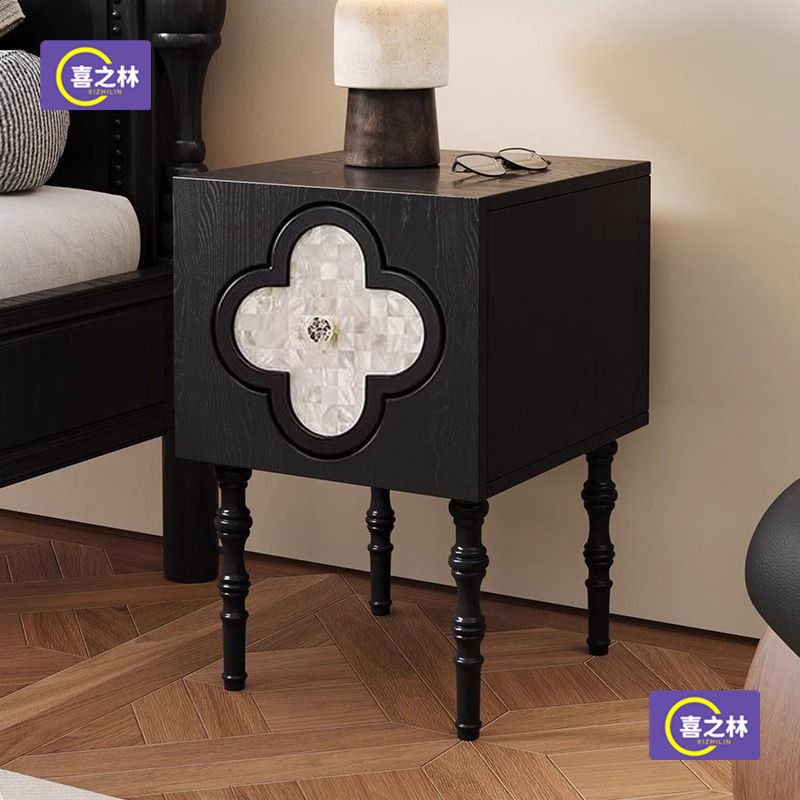 Solid Wood Sofa Bedside Cabinet Black Side Cabinet Four-Leaf Clover Shell Living Room Storage New French Bedside Table Bedroom Retro