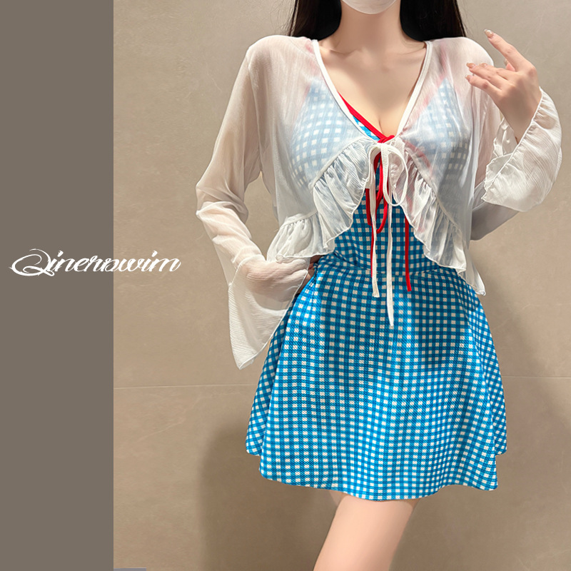 Plus Size One Piece Swimsuit Women's Retro Plaid Long Sleeved Outer Mesh Sun Protection Three Piece Set For Slightly Chubby Girls Concealing Flaws_voghion.com
