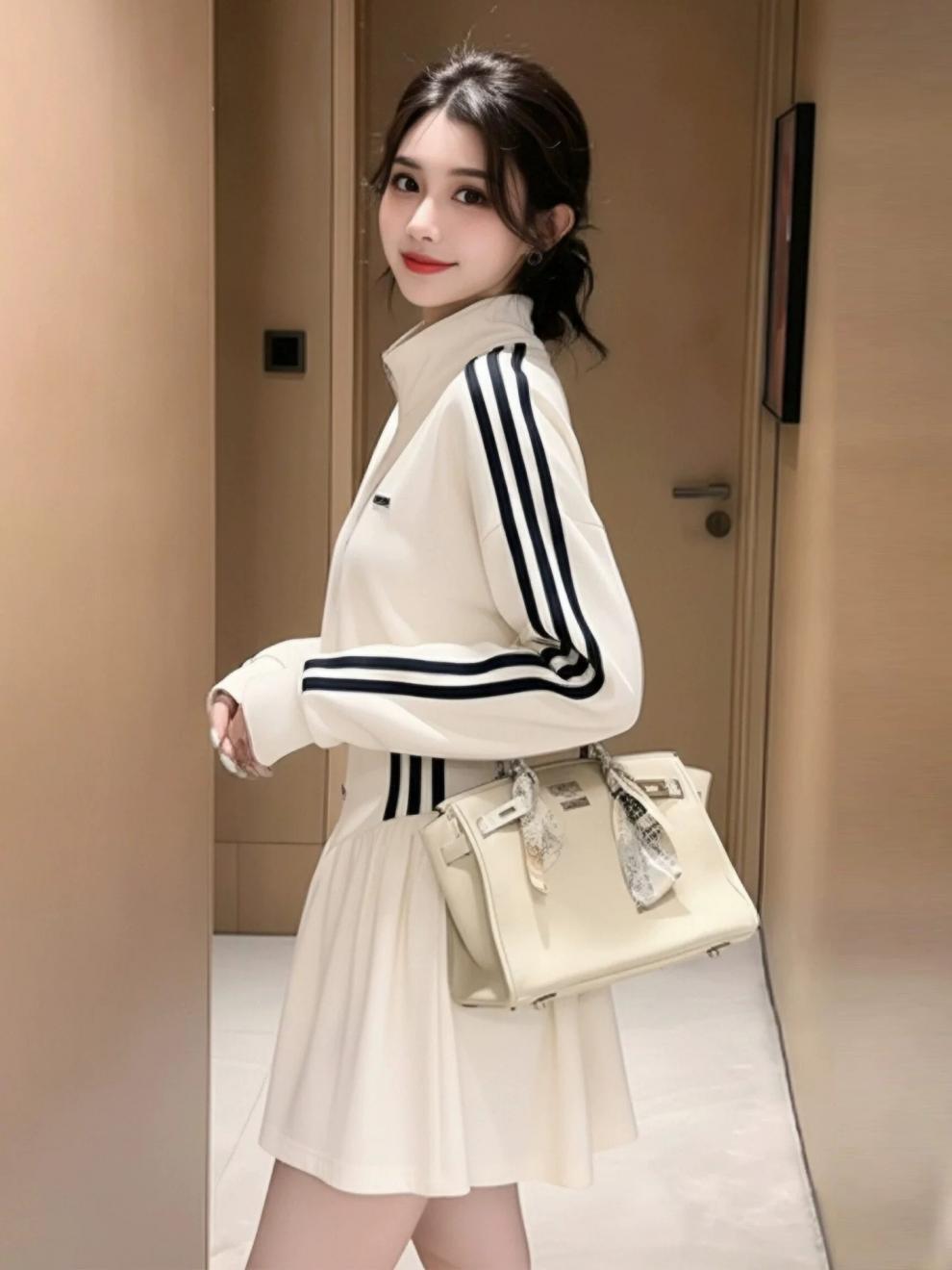 European-style Casual Sports Suit For Women, 2026 Spring And Autumn New Korean-style Slim-fit Striped Stand-collar_ecoleips.com