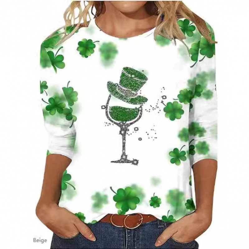 St. Patrick's Day Shirt Women's Shamrock Pattern 3D Print T-Shirt Vintage Long Sleeve