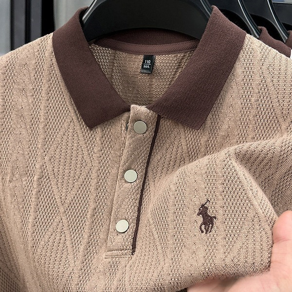 Summer New Fashion Lapel Men's Knitted Short-Sleeved Shirt Loose Casual Jacquard Shirt Middle-Aged Half-Sleeved Top Light Coffee