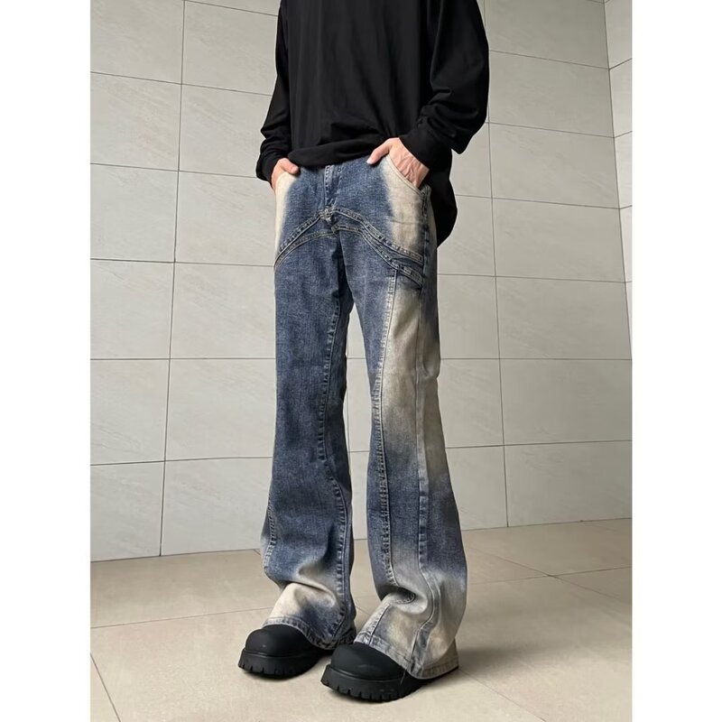 Trendy Brand European and American High Street Fashion Yellow Mud Dye Micro-La Jeans Men's American Style Retro Old Dressed Gradient Straight Pants Trendy Brand European and American High Street Fashion Yellow Mud Dye Micro-La Jeans Men's American Style Retro Old Dressed Gradient Straight Pants
