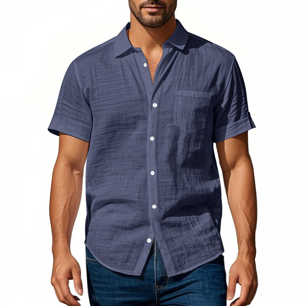 T-shirt homme en lin à col chemise manches courtes ample_voghion.com