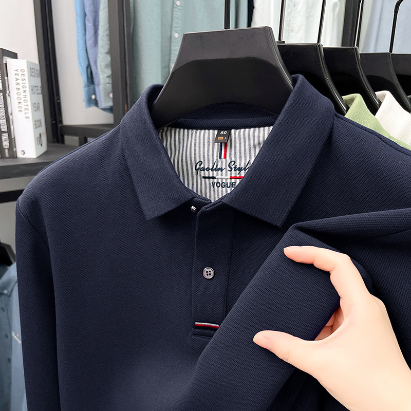 Áo polo nam dài tay cổ bẻ 100% cotton đánh bóng, form regular — nâu vàng