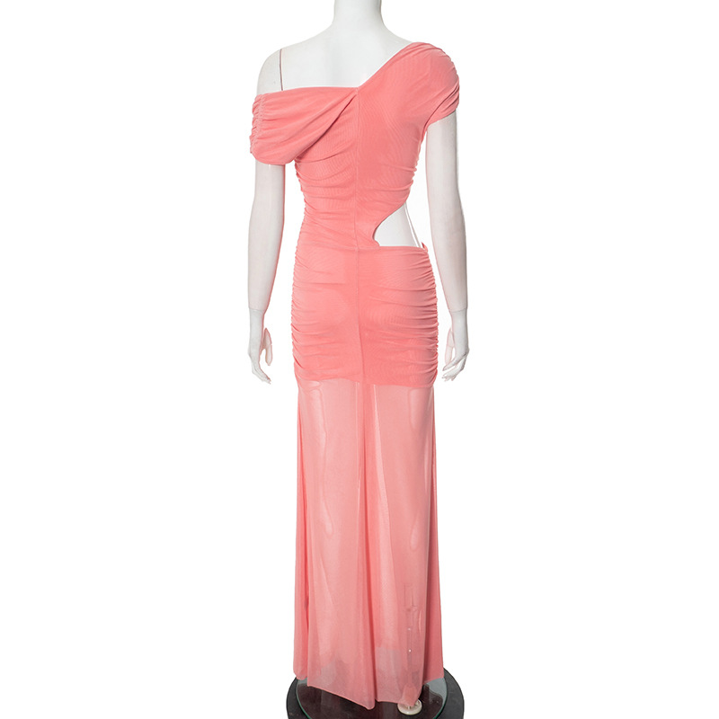Women Clothing Spring Summer Solid Color Elegant Socialite Pleated Sexy Oblique Shoulder Dress Women