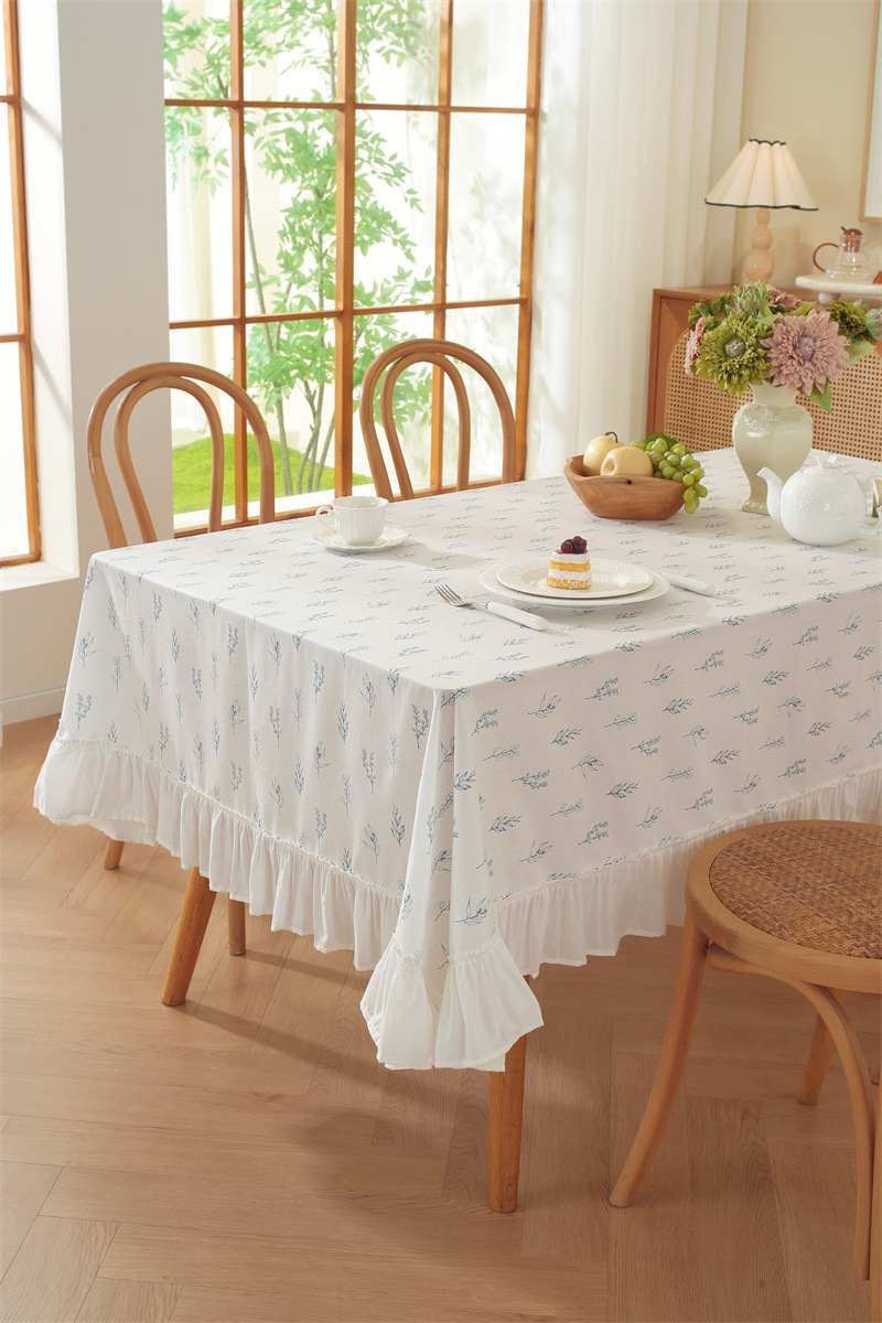 Cotton Printed Green Floral Tassel Tablecloth For Dining Table_voghion.com
