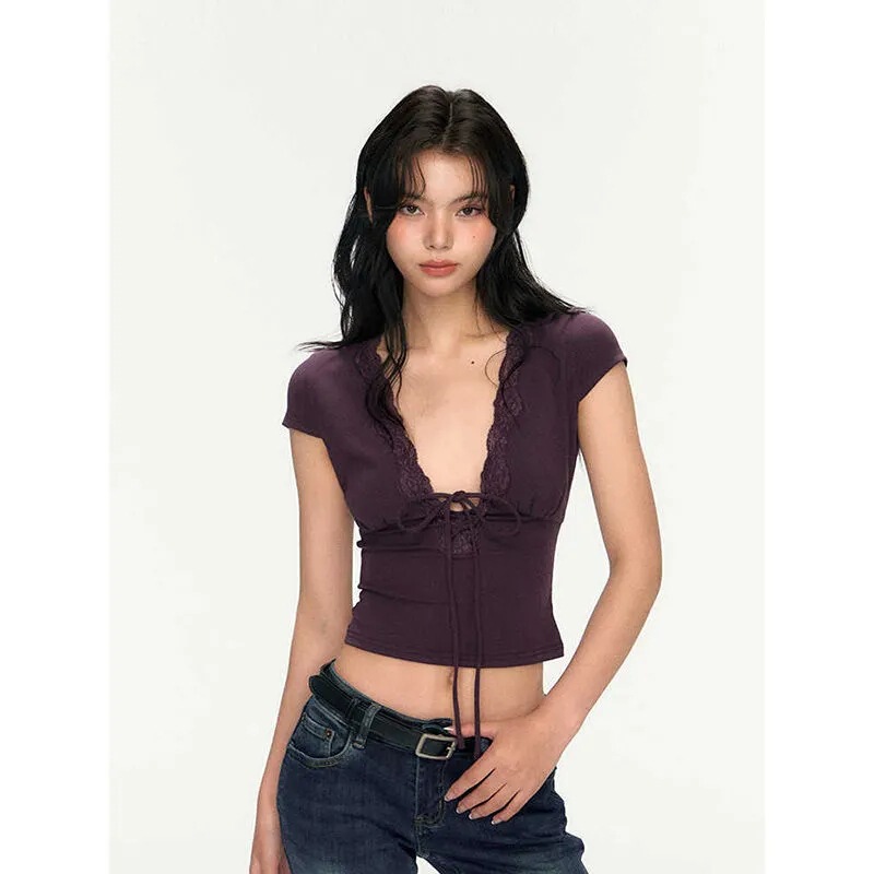 Pure Lust Style Sexy Lace Splicing V Neck Short-Sleeved T-Shirt Women's Summer Design Slimming Look Short Top