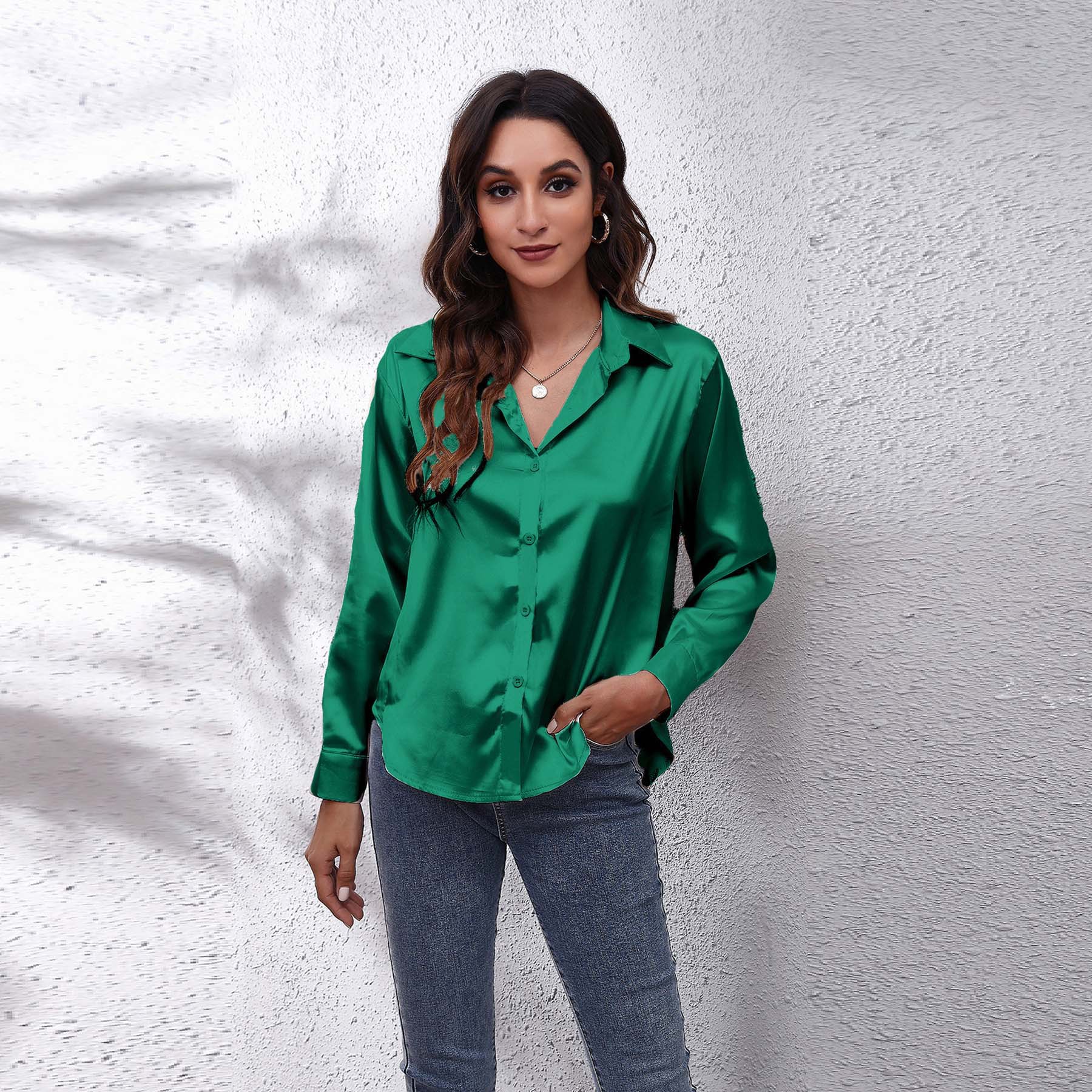 23 Colors, 7 Sizes In Stock, Satin Silk Long-sleeve Shirt, New Style, European And American Foreign Trade_ecoleips.com