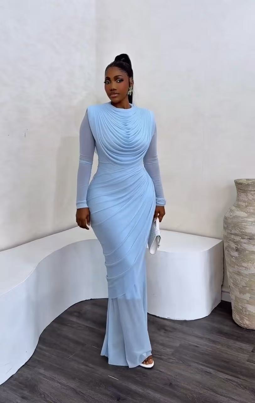 Elegant Mesh Draped Bodycon Midi Dress For Parties & Evening Events | Flattering High-Waist Design With Long Sleeves | Women's Fashion Cocktail Dress_ecoleips.com