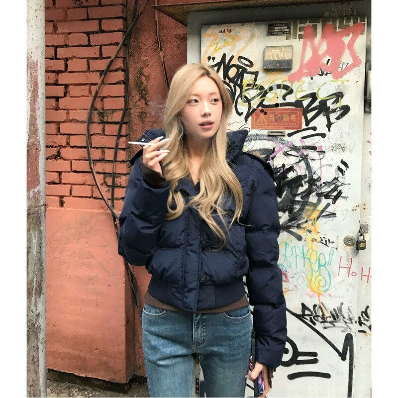 南区菲奥娜藏青连帽毛领棉服外套女冬季新款短款羽绒棉服|undefined