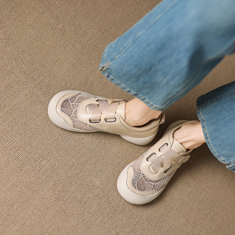 Giày sneaker nữ phối màu da thật lỗ thoáng khí đế bệt buộc dây kết hợp miếng dán — màu trắng ngà chi tiết 57