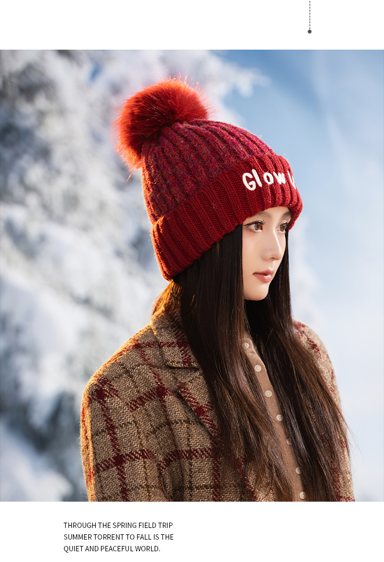 Gorro de lana de punto con bordado de letras inglesas, versátil, bonito y cálido, ideal para otoño e invierno. Con pompón. Estilo coreano._voghion.com