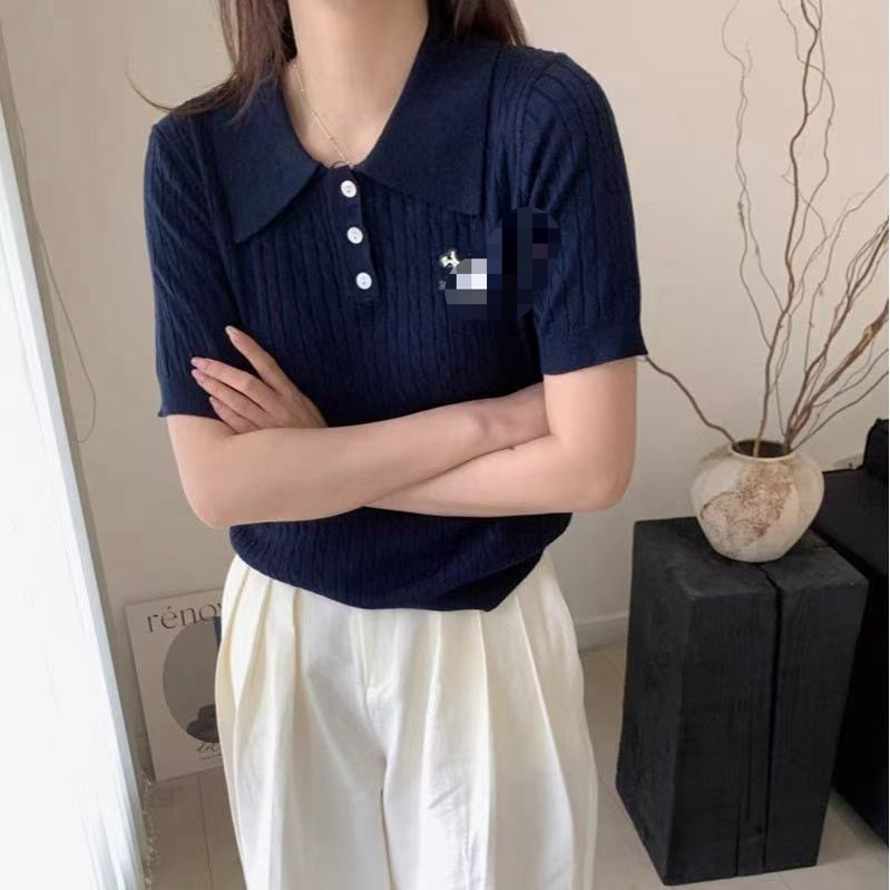 夏の新型純色ニット半袖tシャツ上着麻花刺繍高級感|undefined