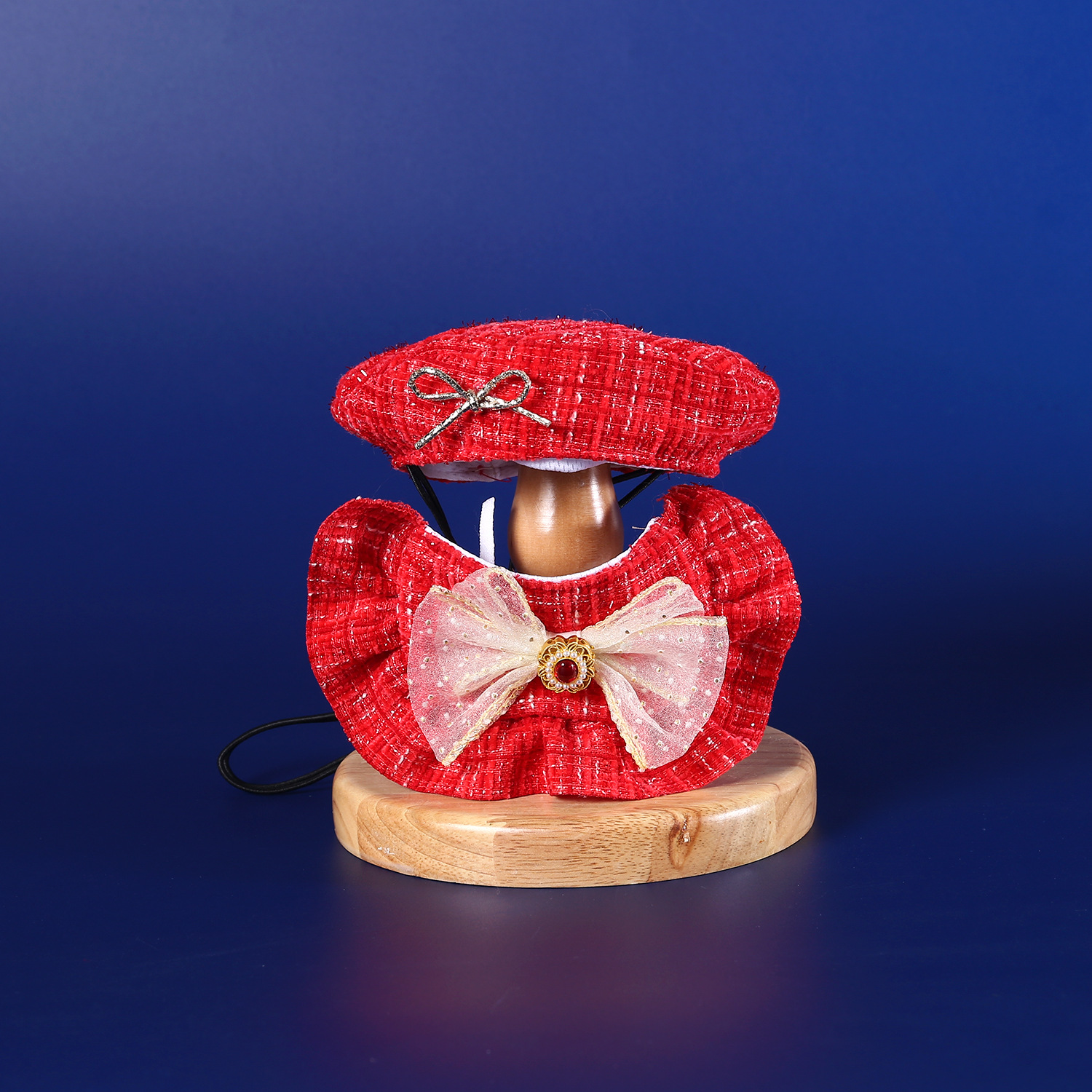 Mascotas de Año Nuevo Celebrativo de encaje Sombrero de borda de oro gemas arco Teddy perros gatos set rojo image 3