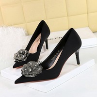 18249-AH52 Wind Light Luxury Banquet Women's Shoes Thin Heels High Heels Silk Shallow Mouth Pointed Water Diamond Flower Single Shoes