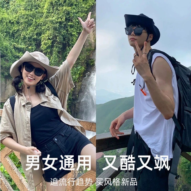 夏季户外运动爬行女登山帽西部牛仔抽绳防掉大帽檐渔夫帽防晒男款