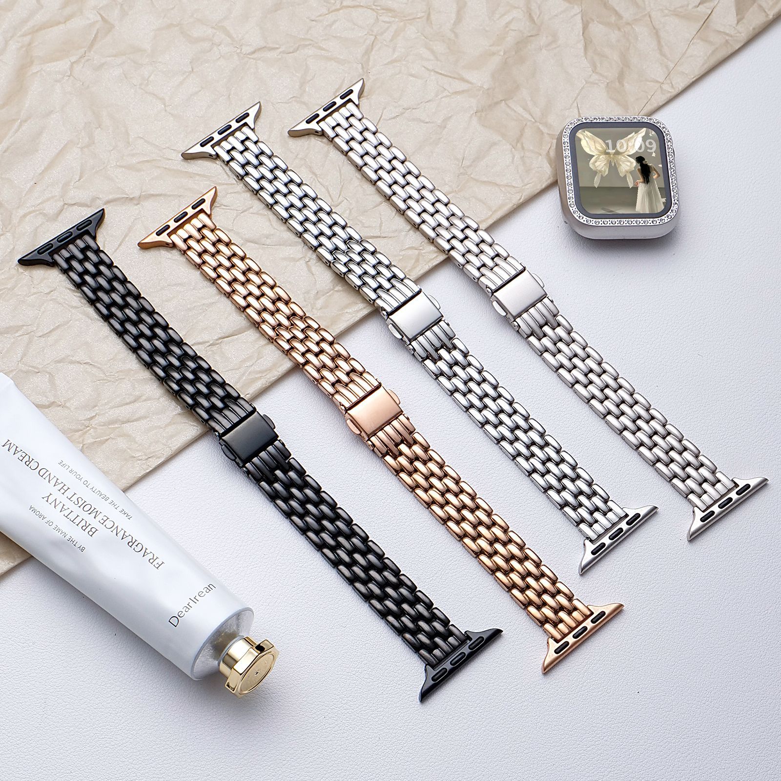 New Model Suitable for Apple Watchs11 Stainless Steel Watch Strap Metal Five-Bead Men's and Women's Apple S10 Watch Strap