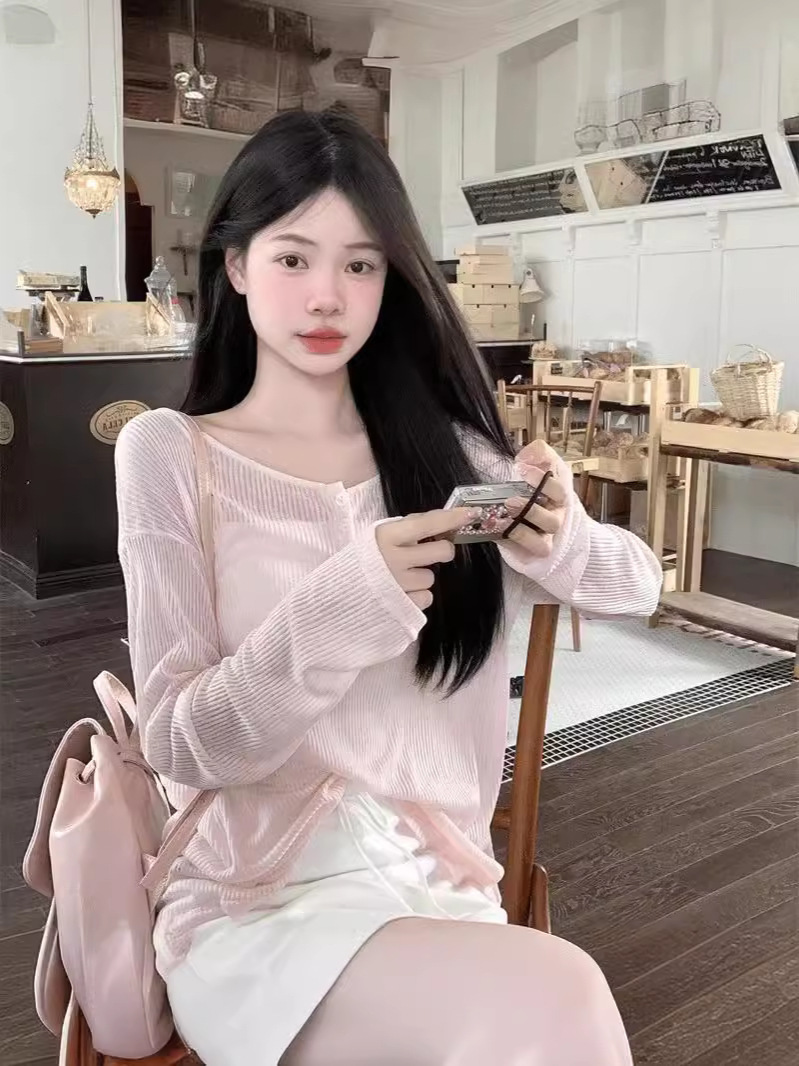 Irina ~ Lazy Style Slimming Look Loose Outer Top Pure Desire Backless Pink Sun Protection Blouse Women's Lace-Up Blouse