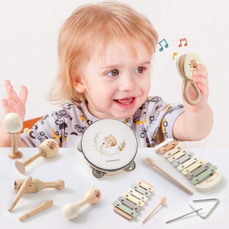 Juego de instrumentos musicales de madera de Amazon Orff, educación temprana para bebés, tocar el piano, tocar el tambor, martillo de arena, sonajero, juguete musical