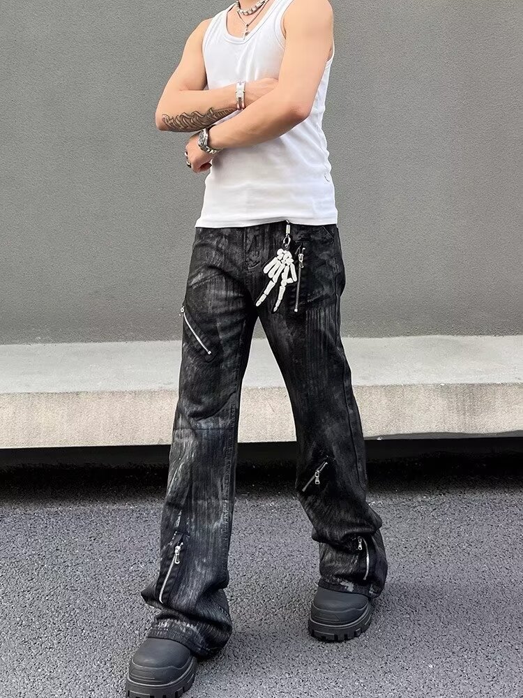Men's Retro Distressed Flared Jeans High Street Style Loose Fit Zipper Design Cool And Edgy Long Pants_mkmklike.com