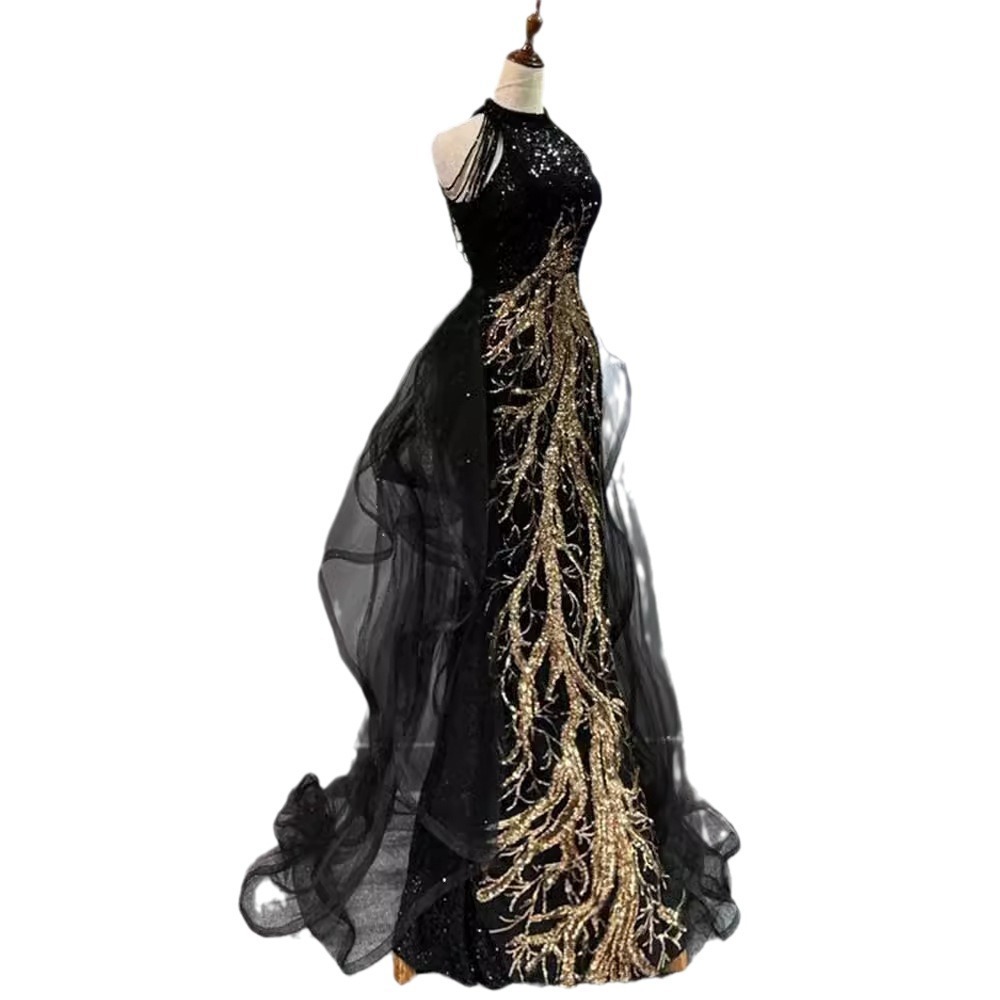 Nuevo vestido de noche negro de alta calidad temperamento delgado celebridad anfitriona vestido de bodas de cauda de pescado colgado vestido de brindis de otoño