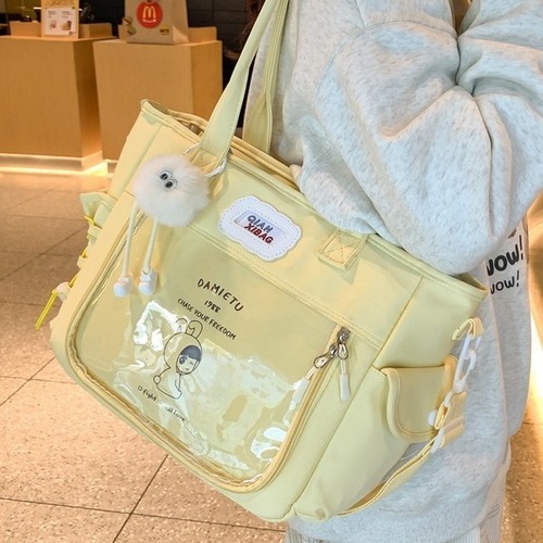 Cute transparent crossbody bag for female students, large capacity cartoon shoulder tote bag, class tutorial bag