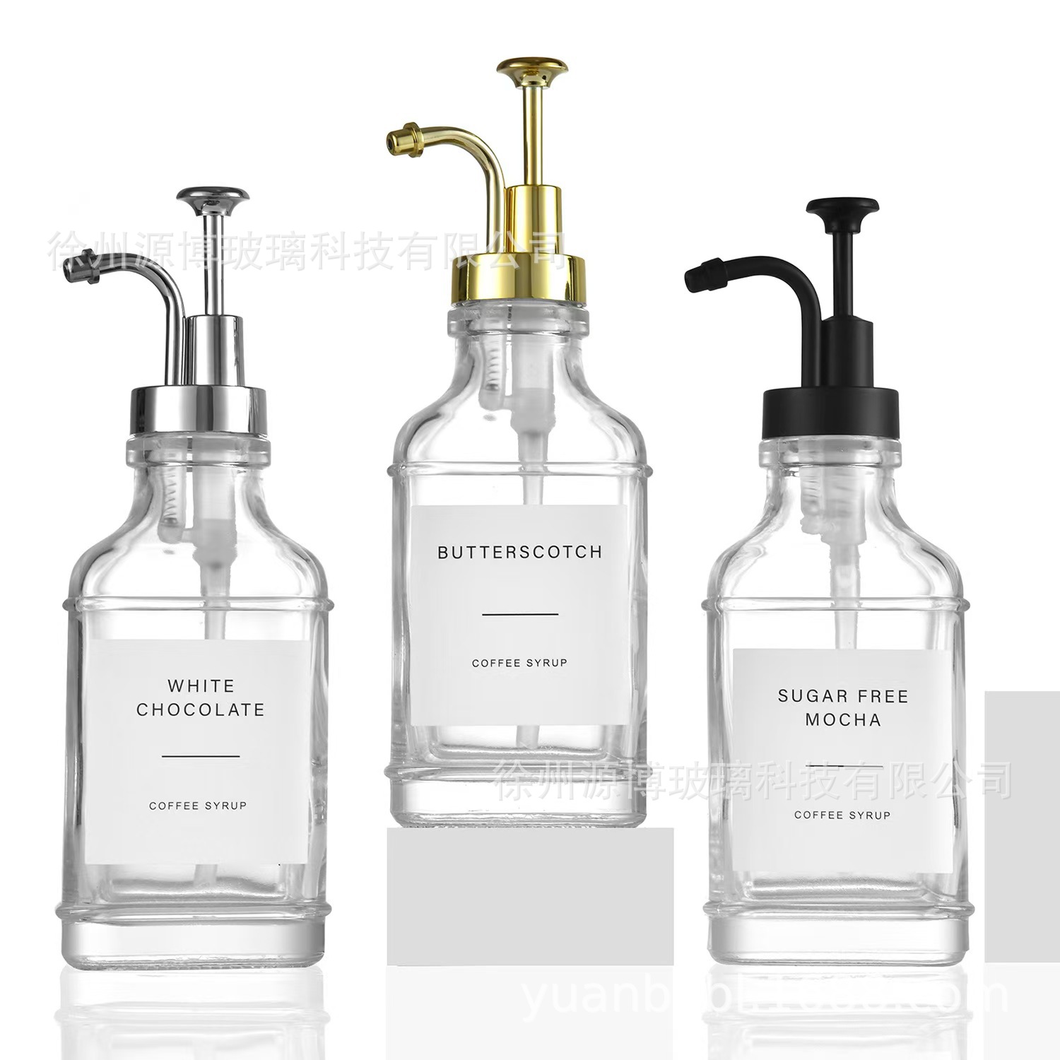 Material blanco de cristal transfronterizo, jarabe redondo de 500ml, dispensador de café, botella de loción, jabón cuadrado de 16oz, botella de desinfectante de manos