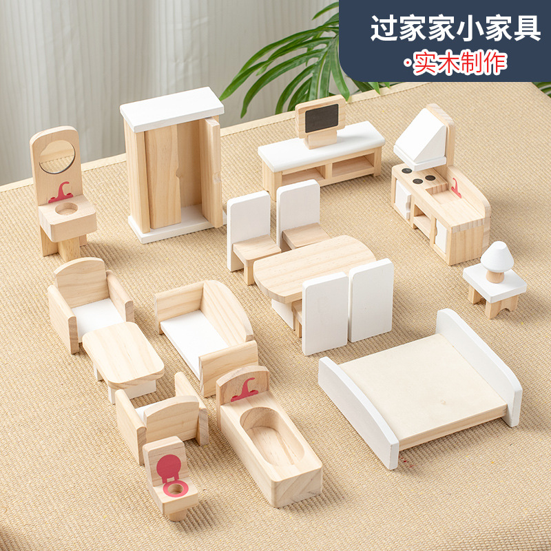 Simulación de niños transfronterizos pequeños muebles de madera maciza modelo de muñeca sala de accesorios de escena juego de juguetes de puzzle