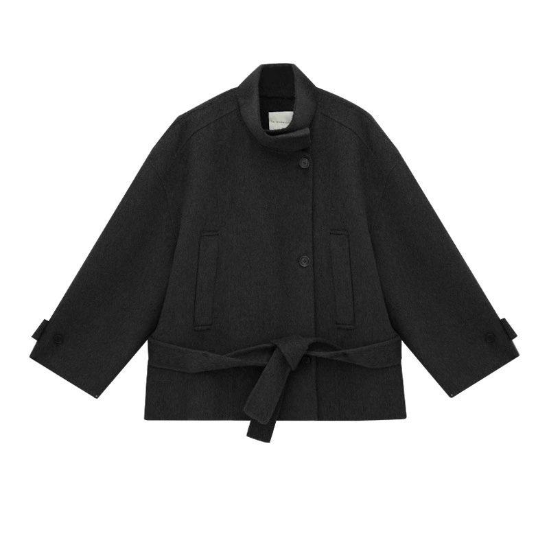 Short double‑side wool jacket, women's retro winter leisure, belted, one size
