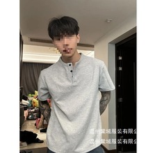 重磅华夫格亨利领短袖T恤男春夏季美式潮牌纯色宽松休闲半袖批发