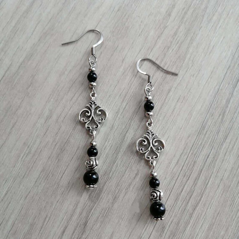 Earrings with Black Onyx Natural Stone, Gothic Style, Victorian Witch Style, Direct from the Manufacturer