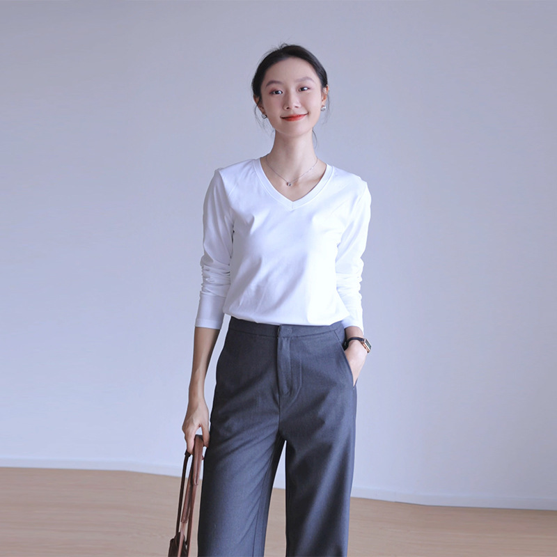 纯棉长袖T恤女修身外穿内搭v字领打底衫上衣春秋|undefined