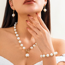 欧美跨境气质仿珍珠串珠项链套装女 冷淡风微镶圆珠项饰necklace