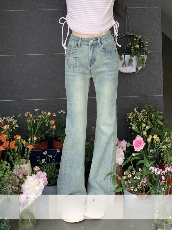 橘子树在哪儿浅色复古蓝弹力柔软牛仔喇叭裤女秋季修身显瘦微喇裤|undefined