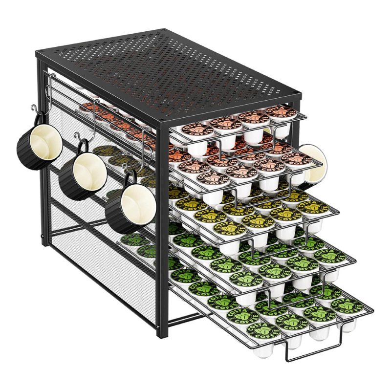 Estante de almacenamiento estratificado de 5 capas de caja de almacenamiento de cápsulas de café de hierro forjado simple con estante de gancho de taza