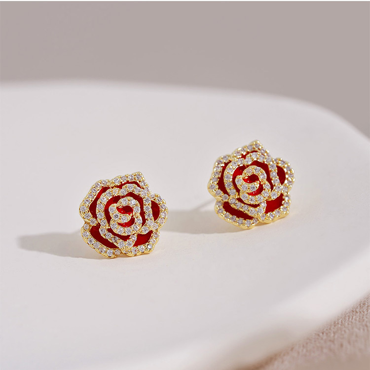 小香中古耳釘紅色山茶花耳環氣質名媛獨特高級感耳飾法式溫柔耳飾
