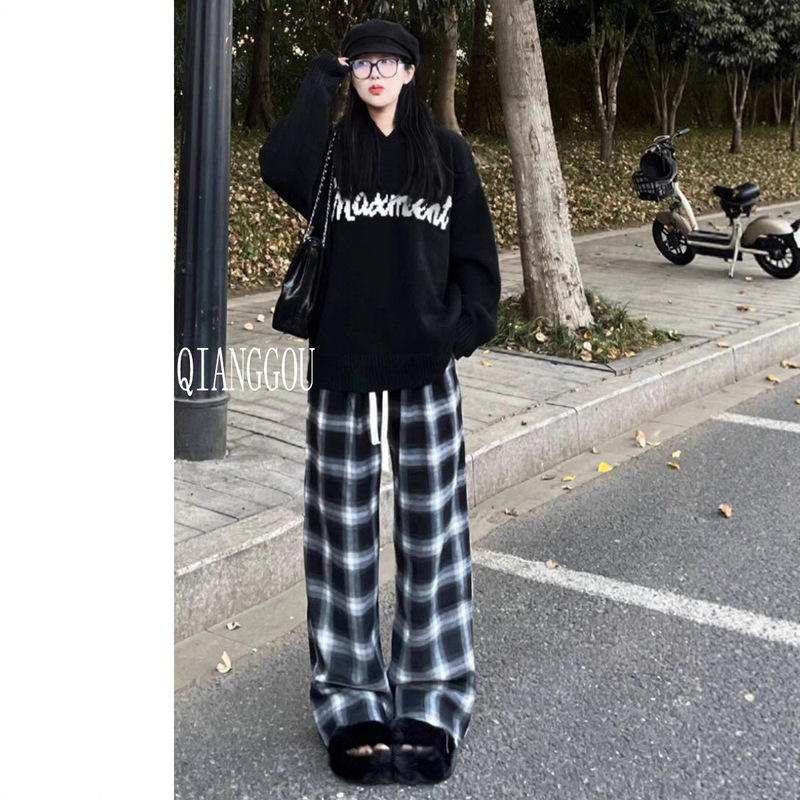 Black and White Plaid Pants for Men and Women, Loose Large Size Straight-Leg Drape Casual Wide-Leg Pants, Retro Versatile Flat Pants Black and White Plaid Pants for Men and Women, Loose Large Size Straight-Leg Drape Casual Wide-Leg Pants, Retro Versatile Flat Pants