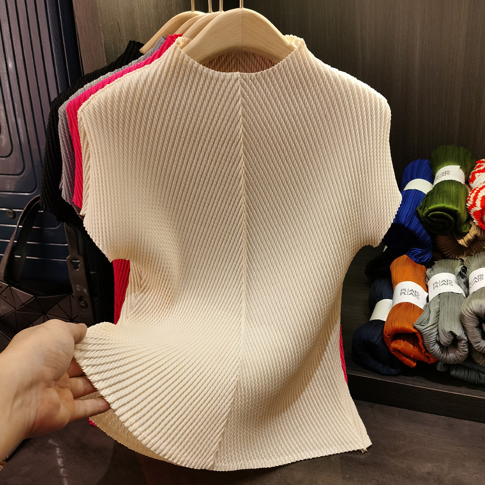 Áo cổ đứng xếp li vảy rồng tay ngắn nữ cao cấp đa năng — Màu đen, Màu đỏ hoa hồng, Màu hồng, Màu xanh lá chi tiết 1