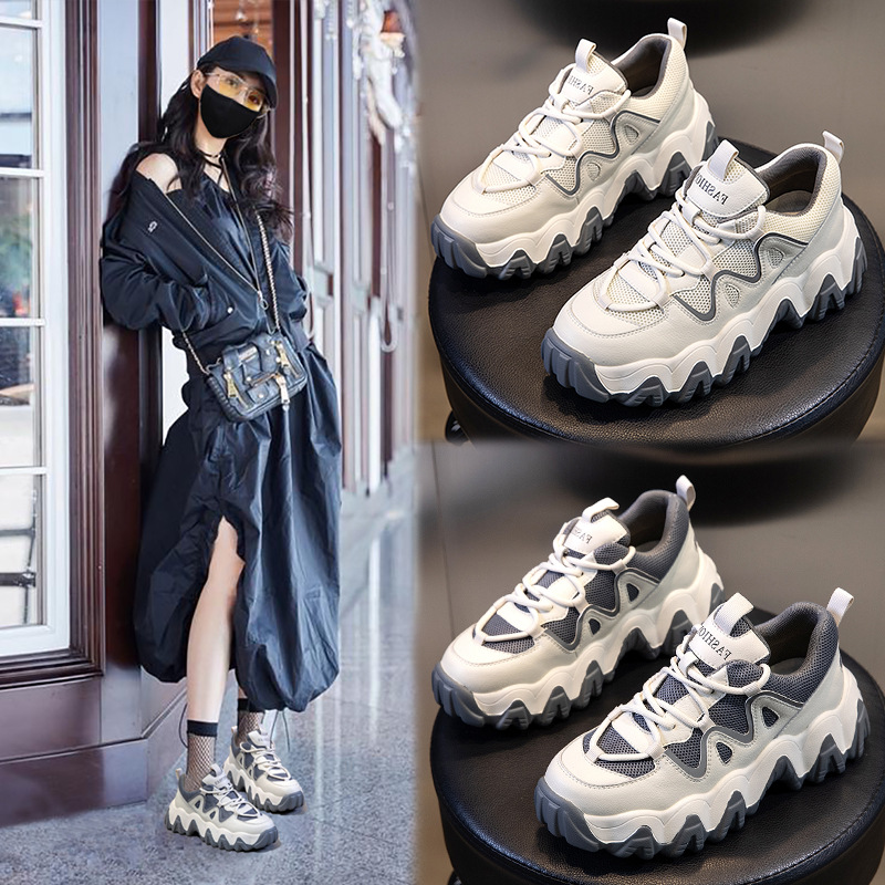 春季2021新款真皮女鞋韩版百搭运动休闲小白鞋浅口厚底老爹鞋女潮