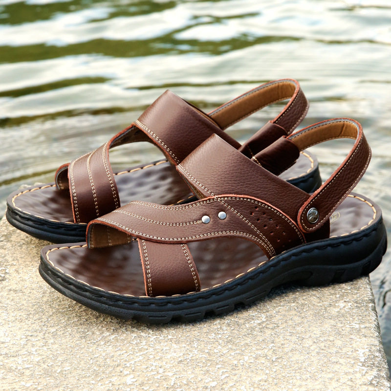 Dép sandal nam da bò lớp đầu hở ngón đế dày thoáng khí size lớn — 10135 màu đen, 10888 Màu nâu, 10888 màu đen, 12129 Màu nâu