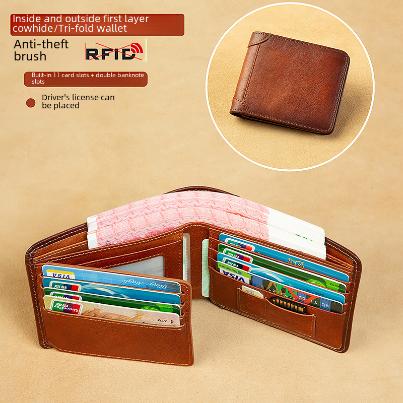 Direct Manufacturer Sales Men's Wallet Genuine Calfskin Short Pocket Money Clip Full Grain Calfskin Multifunction Driving License Combo