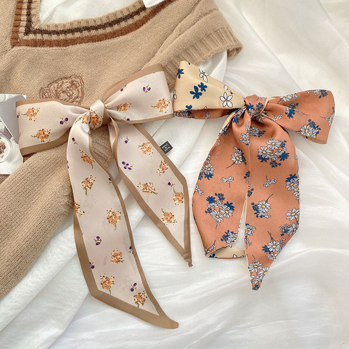 A white-bright coffee color floral silk scarf, long and narrow, small and versatile, suitable for tying a ponytail in a braided style, a floating hairband.