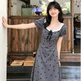 2026夏新款灰色连衣裙女方领撞色蝴蝶结收腰气质泡泡袖长裙