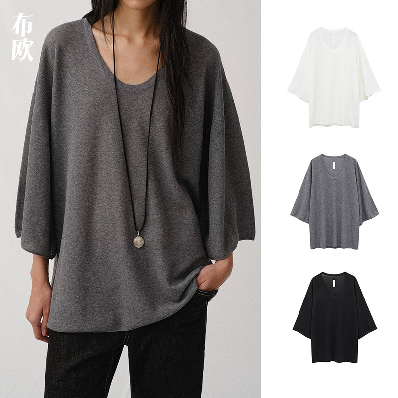 Nanyou Women's Clothing [Multi-Color Classic] U-Neck Deep U-Neck Loose Knitted Tee Top Women's Special Woolen