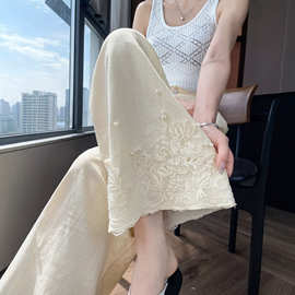 钉珠蕾丝亚麻休闲裤女夏季2026薄款窄版直筒冰丝山本阔腿裤A13190
